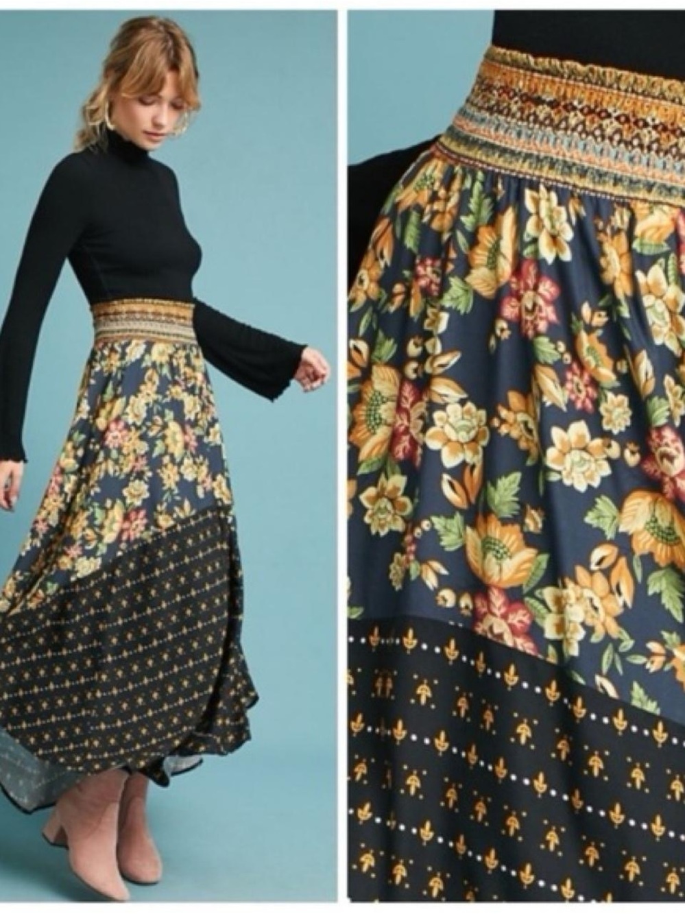FARM Rio Navy Maxi Skirt with Yellow, Green & Pink Floral Print